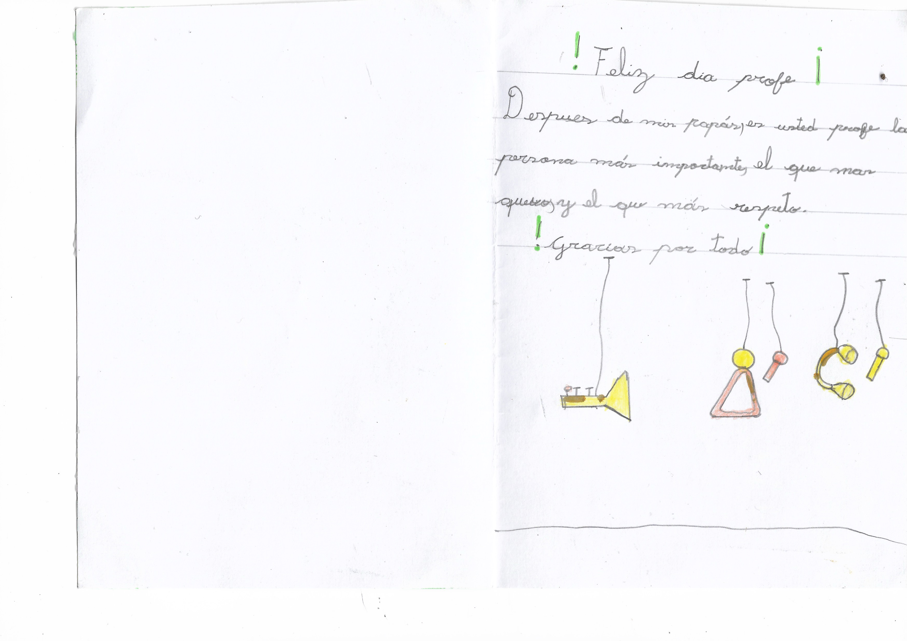 Interior de tarjeta con dibujos de micrófono, triángulo y parlante en lápiz de color amarillo y café, y texto de agradecimiento escrito a mano