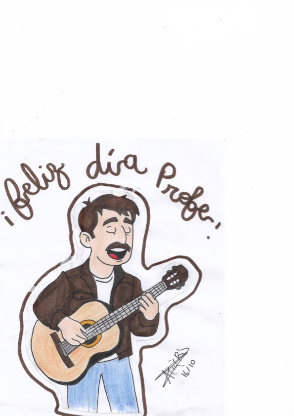 Dibujo a color de un hombre con guitarra cantando, con texto «¡feliz día Profe!»