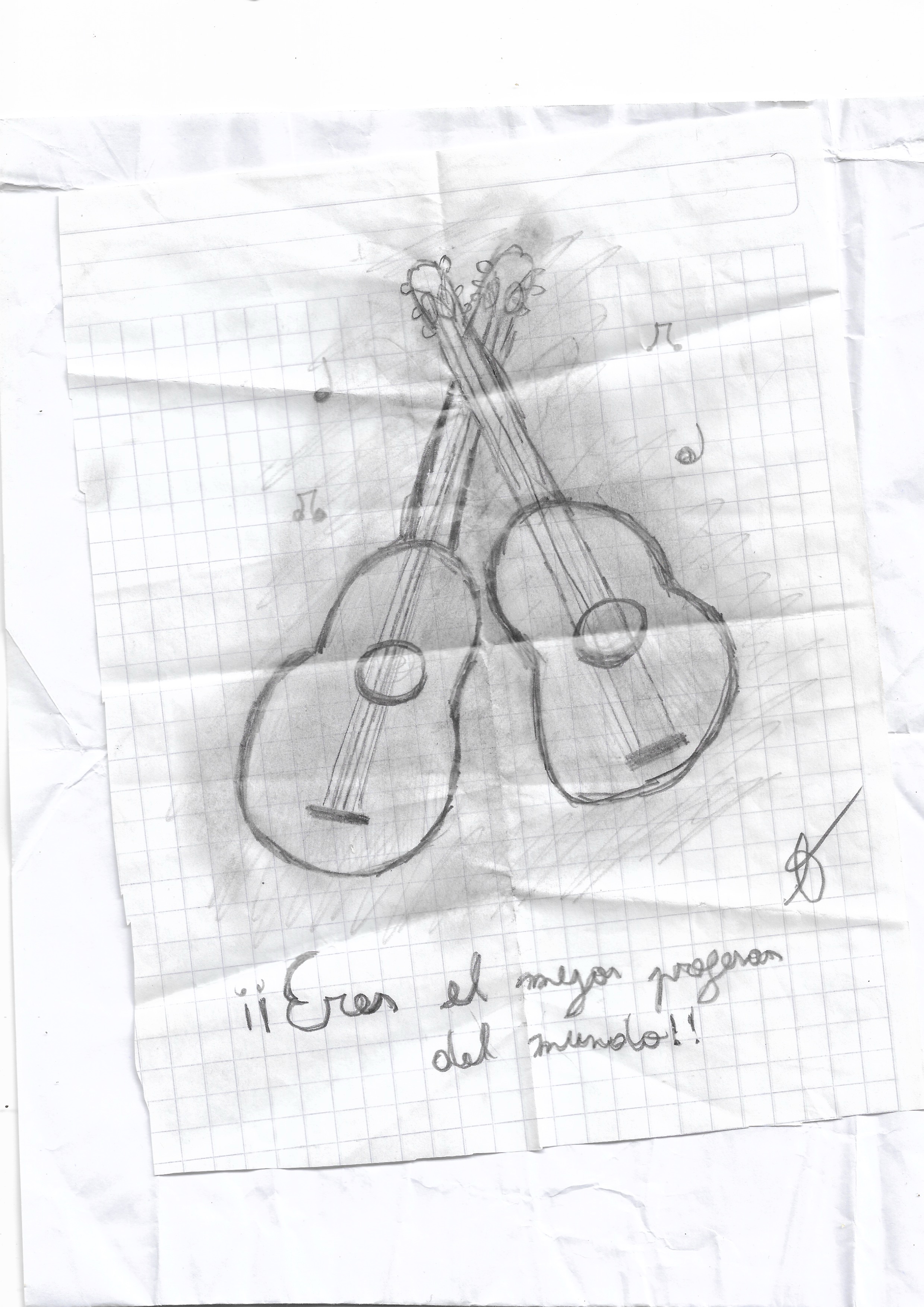 Dibujo a lápiz grafito de dos guitarras cruzadas sobre hoja cuadriculada, con texto «Eres el mejor profesor del mundo»
