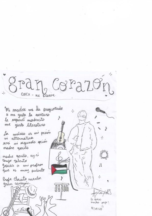 Hoja escrita a mano con letra de cueca titulada «Gran corazón», dibujos de guitarra, pandero y músico en escena